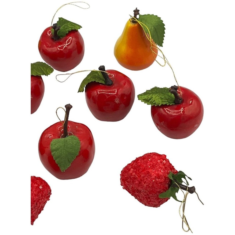 12 Christmas Ornaments Shiny Apples & Pears Glitter Strawberries Green Leaf - Picture 10 of 11